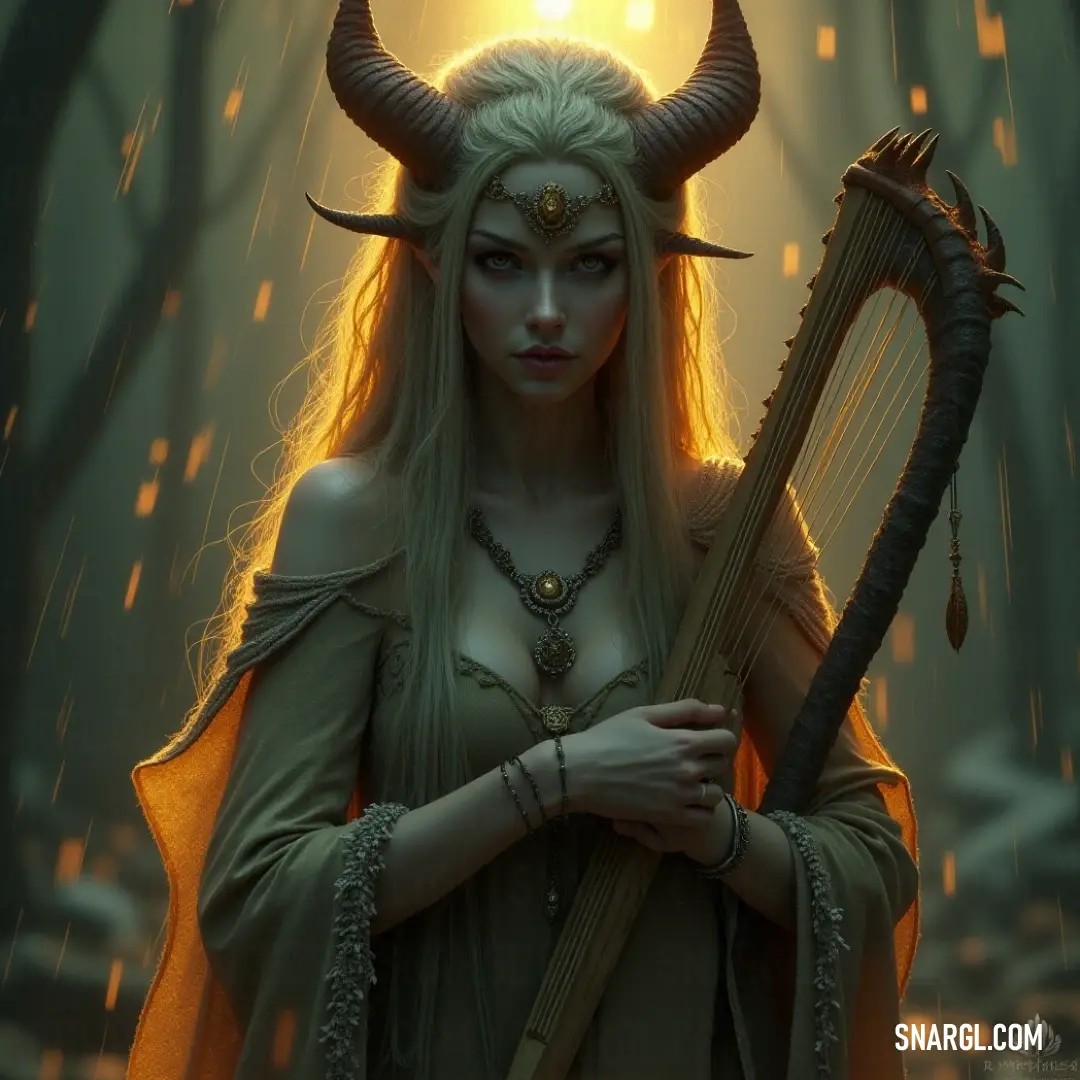A mystical figure with horns holding a harp in a sunlit forest, radiating beauty and magic through music. An enchanting figure with flowing hair and captivating horns cradles a harp amidst a sunlit forest, where rays of sunlight filter through the trees, creating a harmonious blend of music and nature.