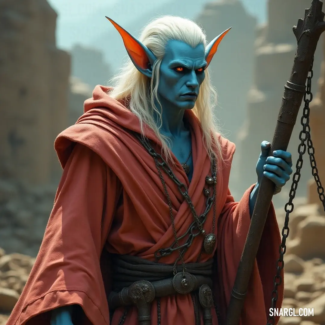 Clad in vibrant blue and orange, this warrior commands attention, brandishing a sword in one hand and a heavy chain in the other. Their horned headpiece adds a fierce allure against a dramatic backdrop, enhancing their commanding presence.