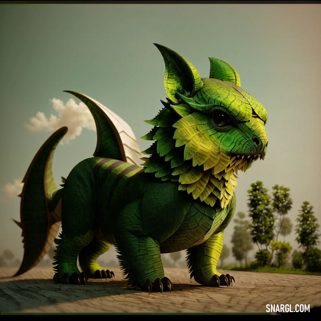 Green dragon with large wings standing on a brick road with trees in the background and a sky with clouds