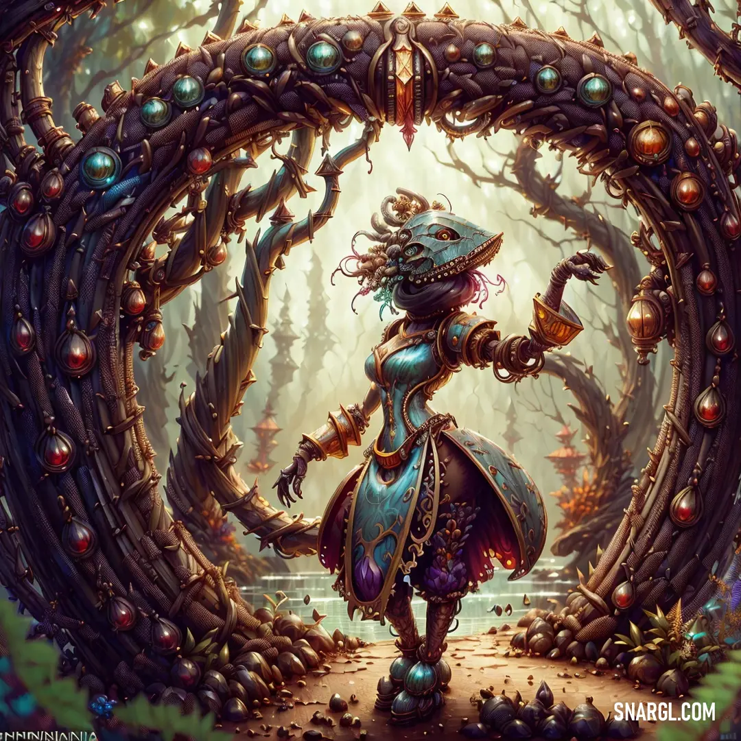 Woman in a fantasy forest with a circular archway and a tree trunk in the background