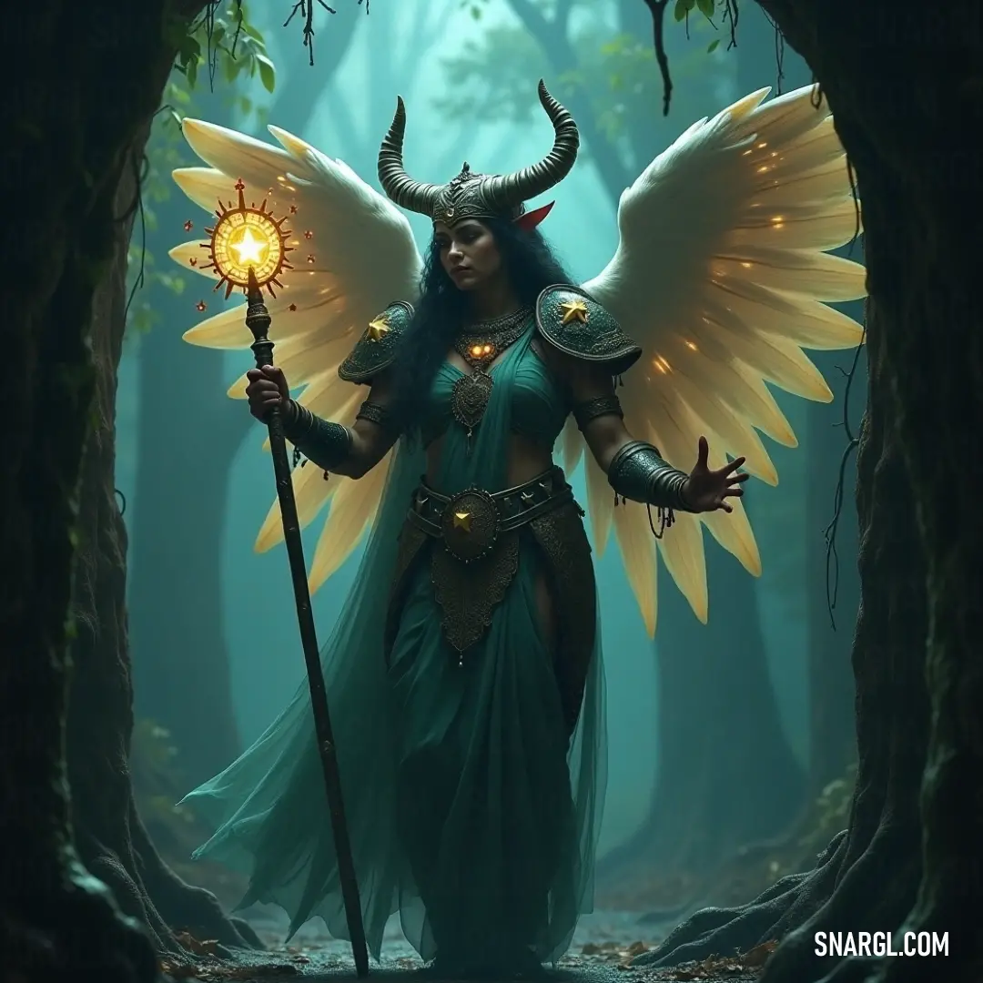 In a magical forest, Amadour, adorned with a horned crown, holds a luminous staff and orb, exuding an ethereal quality that connects her to the natural world, creating a breathtaking blend of enchantment and serenity. Amadour stands proudly in a lush forest, a horned being of mystique, holding a staff and orb that emanate a soft glow, as nature surrounds her, blending myth and earth in a harmonious tableau of wonder.