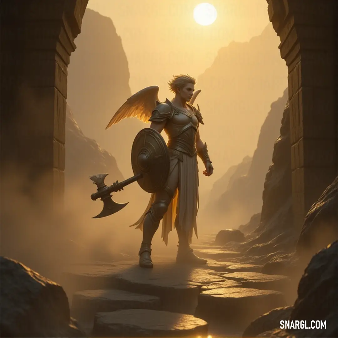 Amadour, a valiant warrior, stands ready with sword and shield at the mouth of a mysterious cave, bathed in sunlight. A brave warrior named Amadour, dressed in armor and holding a sword and shield, stands at the entrance of a cave, bathed in the warm glow of sunlight filtering through the dark cavern.