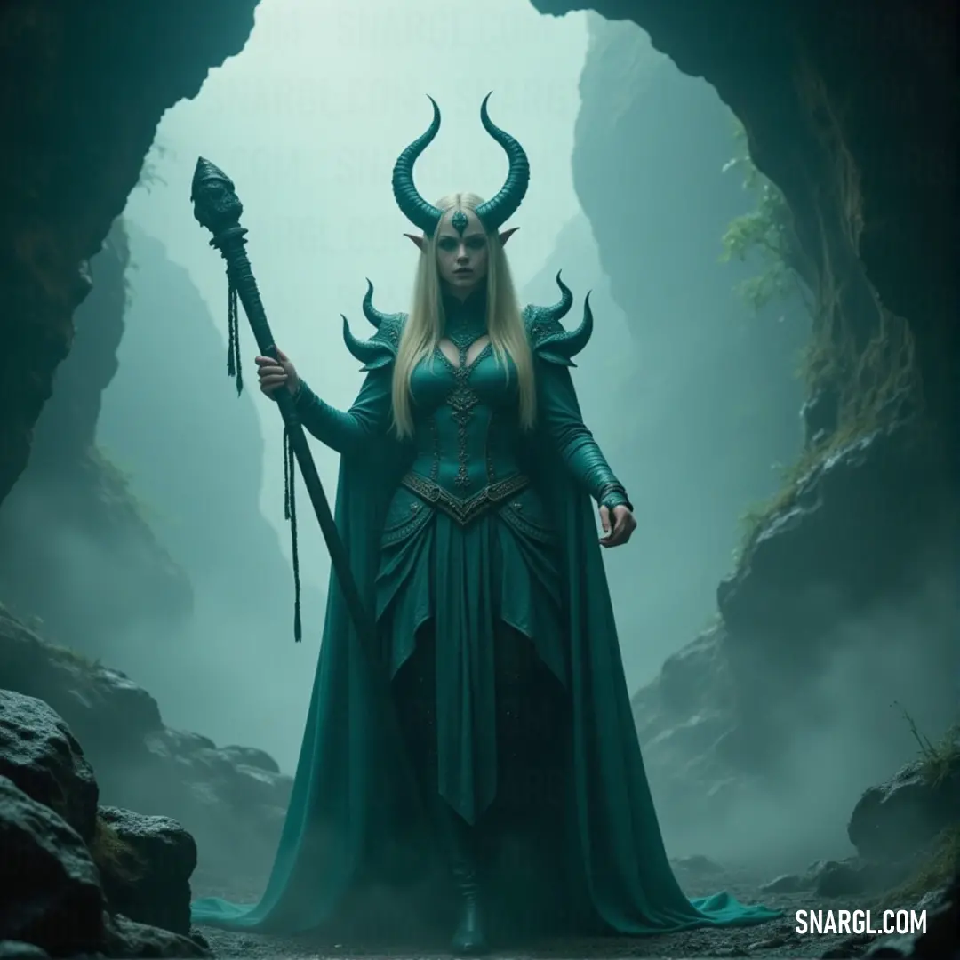 Amara stands tall in a green outfit, staff in hand, surrounded by the dark, mystical aura of a cave, where the faint light glimmers on her presence. Amara, dressed in a flowing green costume, holds a staff in one hand, standing in a mystical cave. The dim light of the cave reflects off her attire, casting an ethereal glow as she stands ready for her next move in the shadows.