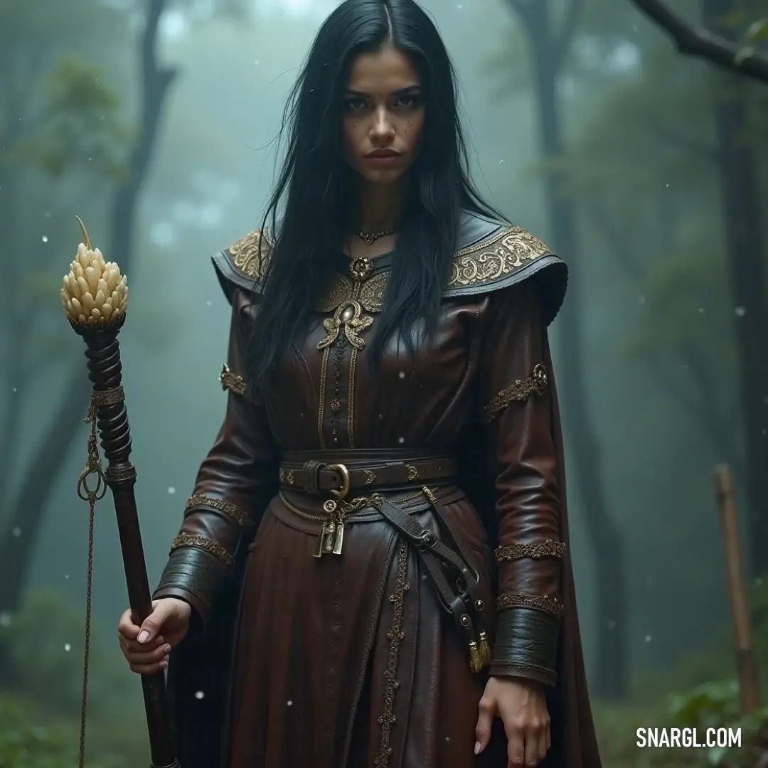 A tranquil figure in a brown dress carries a staff, surrounded by the mysterious beauty of a foggy forest. A serene figure in a flowing brown dress, gently holding a staff amidst the enchanting beauty of a fog-laden forest. The trees, shrouded in mist, create a tranquil yet mystical atmosphere that invites exploration.