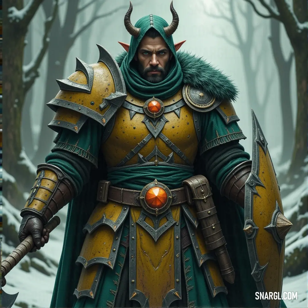 Amara, in her bold green and yellow attire, stands with sword raised, her horns accentuating her fierce appearance as an otherworldly energy surrounds her. Amara, her outfit a striking mix of green and yellow, stands confidently with a sword in hand, her horns rising above her head. Surrounded by an otherworldly glow, she is ready to face whatever dangers lie ahead.
