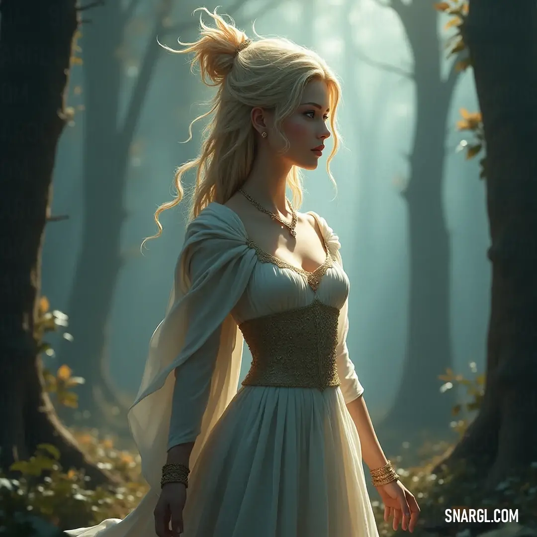 A serene figure in a white dress within an enchanting forest, surrounded by vibrant greenery and leaves. A serene figure in a delicate white dress stands gracefully amid a lush, green forest. The rich foliage and scattered autumn leaves create an enchanting backdrop that speaks of tranquility and harmony with nature.