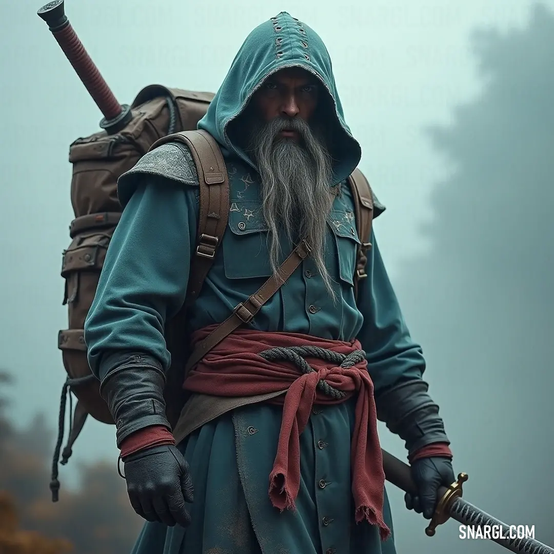 A bold adventurer with a sword and backpack, ready for a mystical journey. With a striking long beard and dressed in a vibrant blue outfit, a confident figure holds both a sword and a backpack, radiating strength as they venture forth into a mystical landscape of adventure.