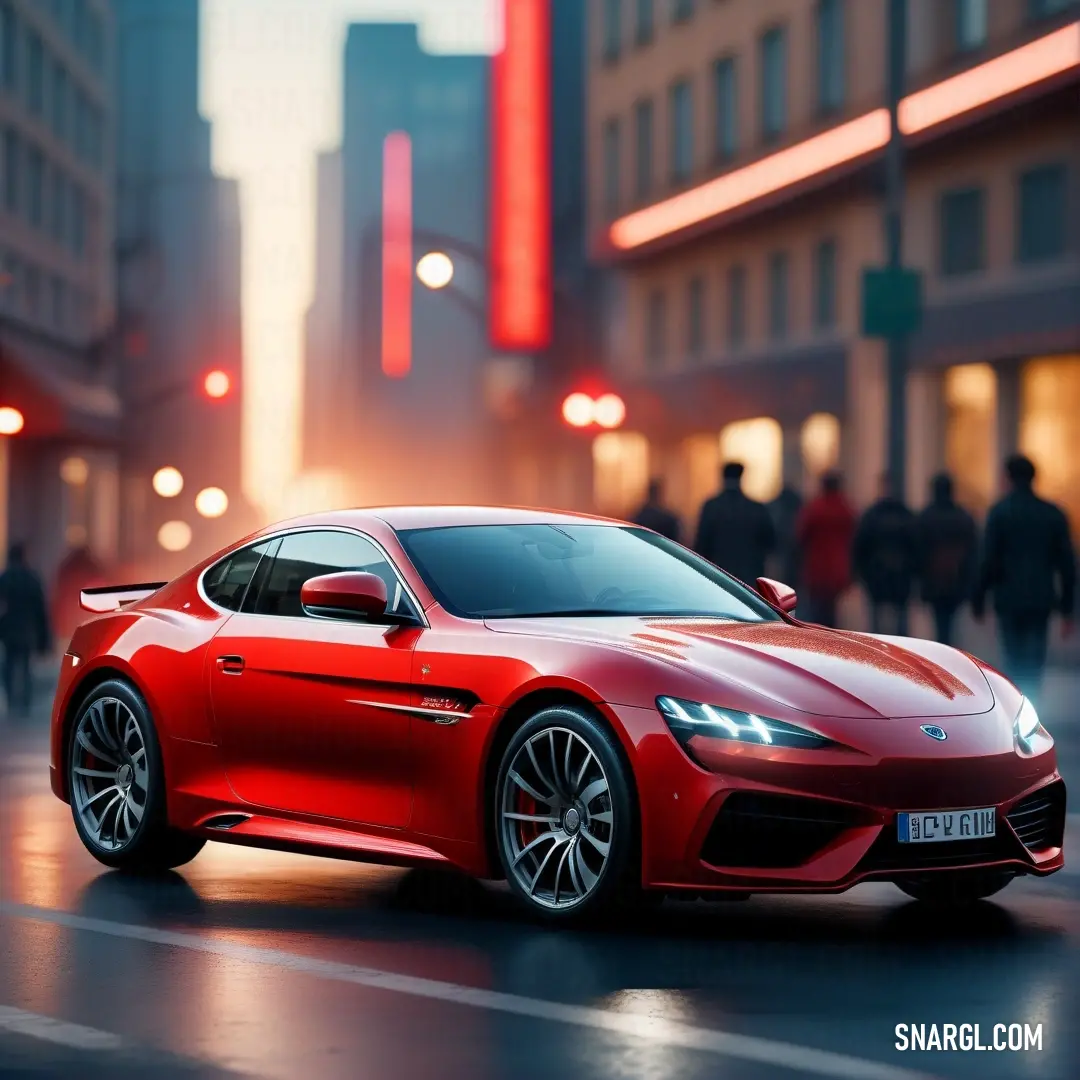 Red sports car is driving down the street in the city at night time. Color Amaranth.