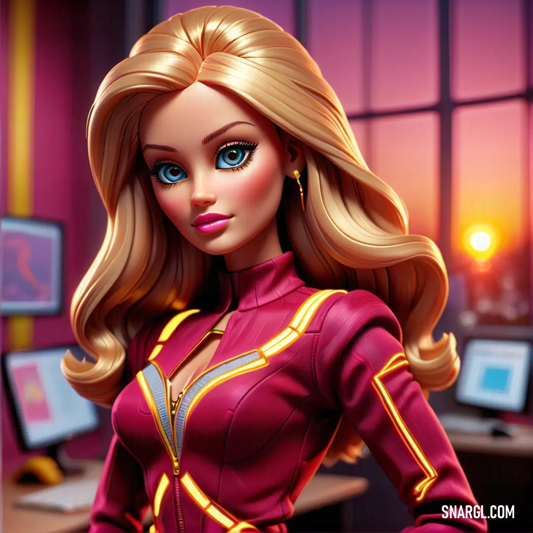Barbie doll with blonde hair and blue eyes in a pink suit in a room with a computer desk
