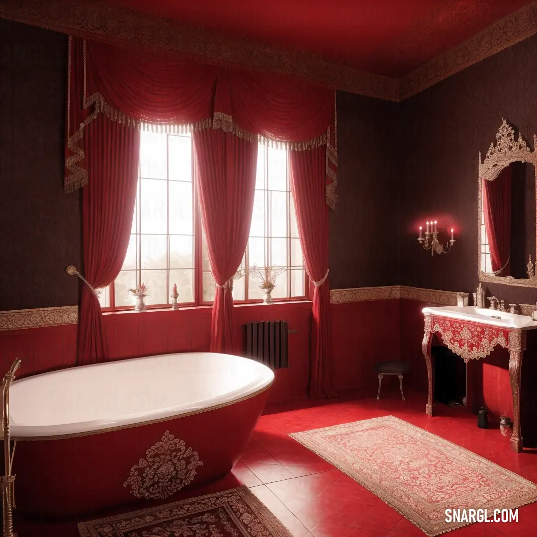 Amaranth color. Bathroom with a red bathtub and a sink and mirror and a rug on the floor