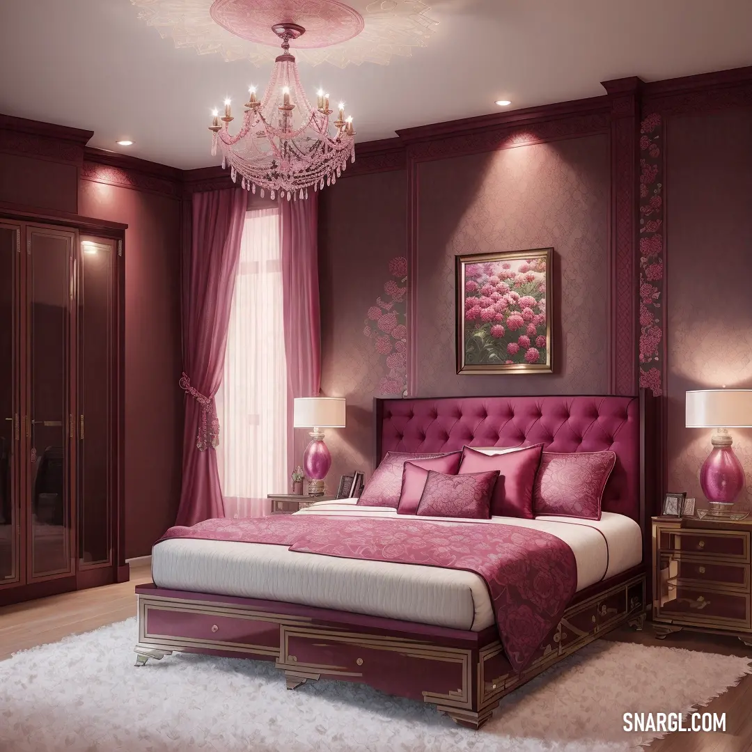 Bedroom with a pink bed and a chandelier hanging from the ceiling and a pink rug on the floor