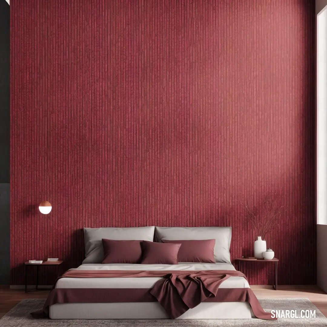 Bedroom with a red wall and a bed with pillows and blankets on it and a rug on the floor
