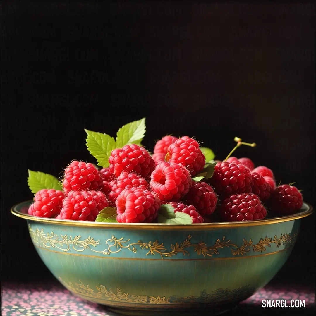 Bowl of raspberries with leaves on a table cloth with a black background and a green bowl. Color Amaranth.