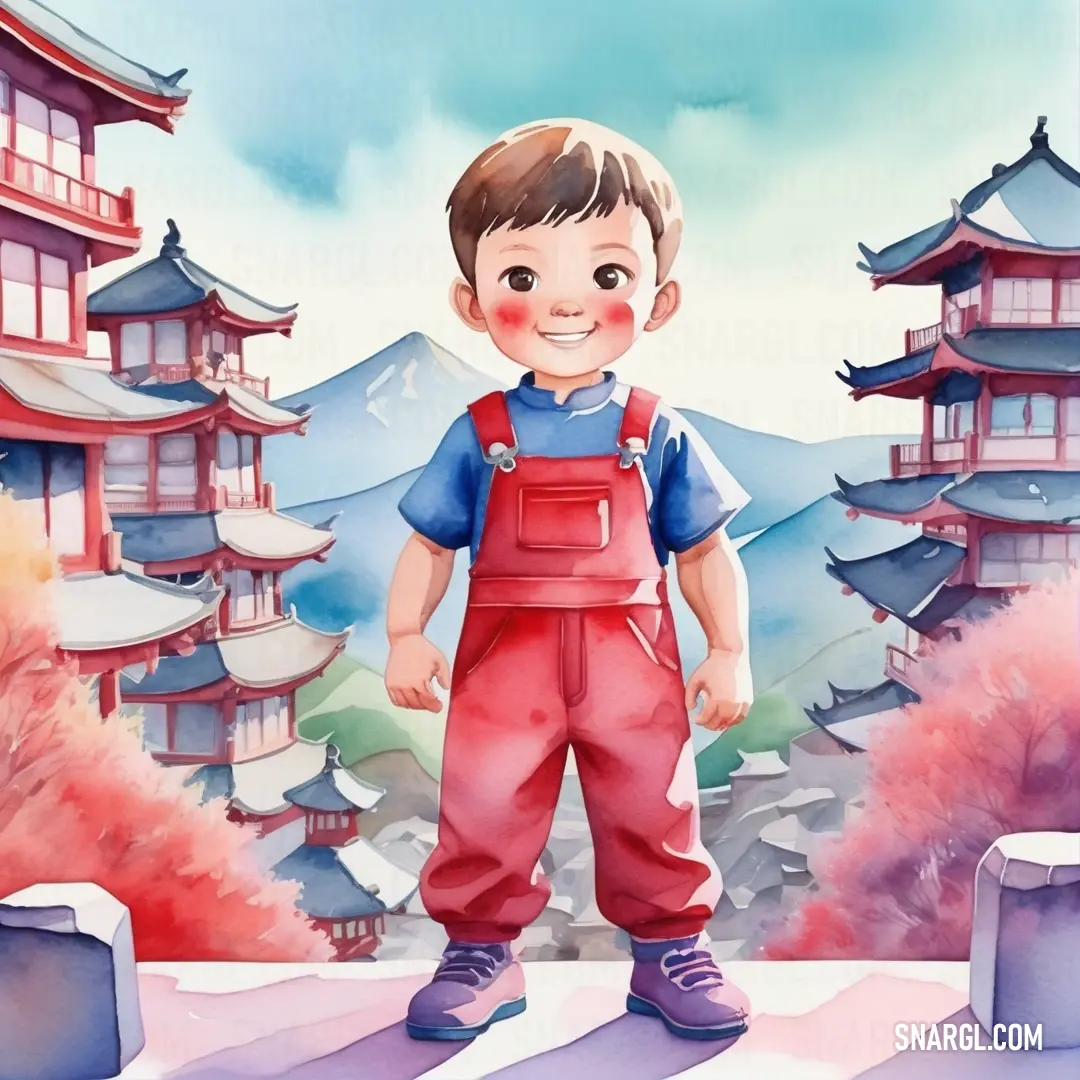 Amaranth color. Boy standing in front of a mountain with a pagoda in the background and a red and blue sky