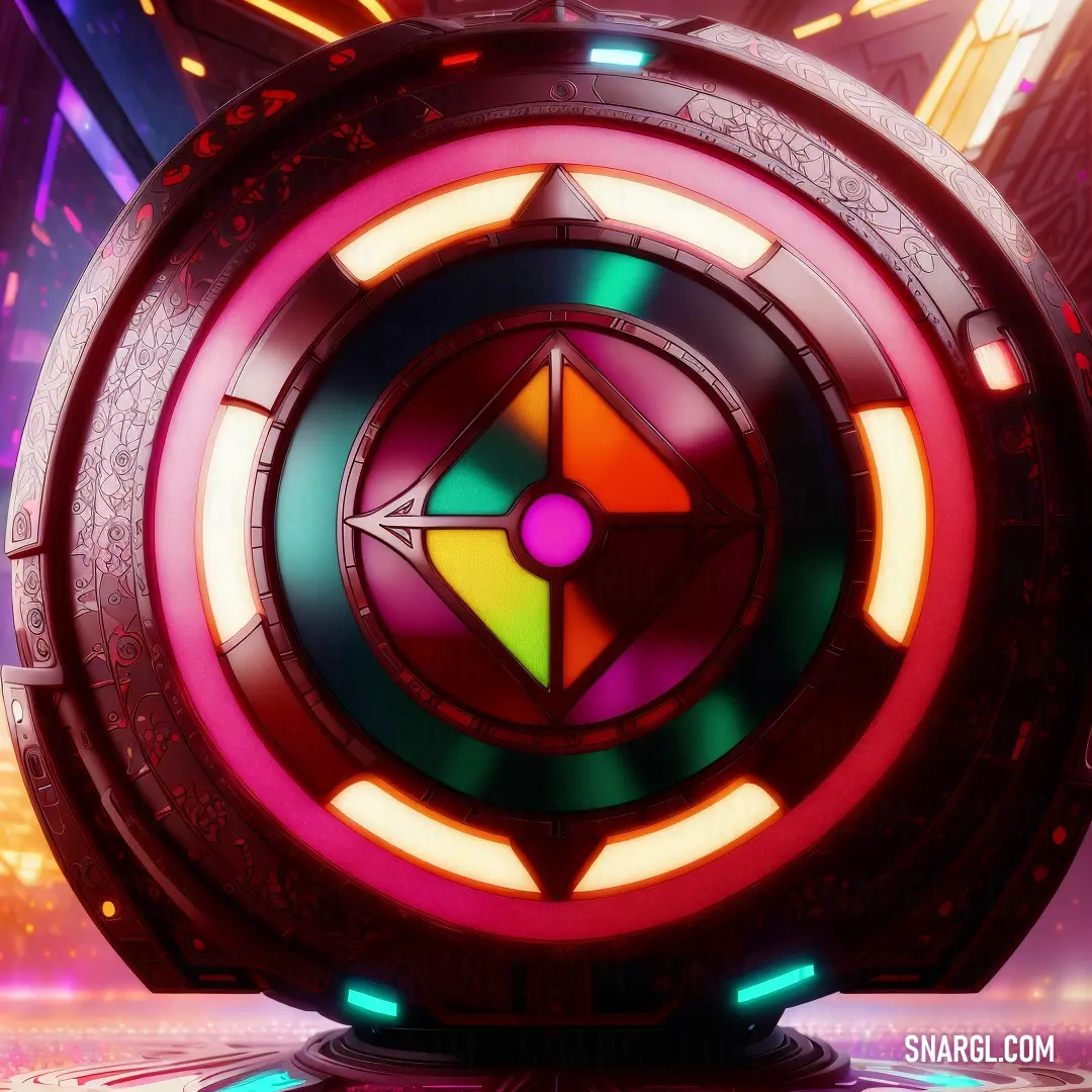 Colorful object with a circular design on it's surface in a futuristic setting with lights