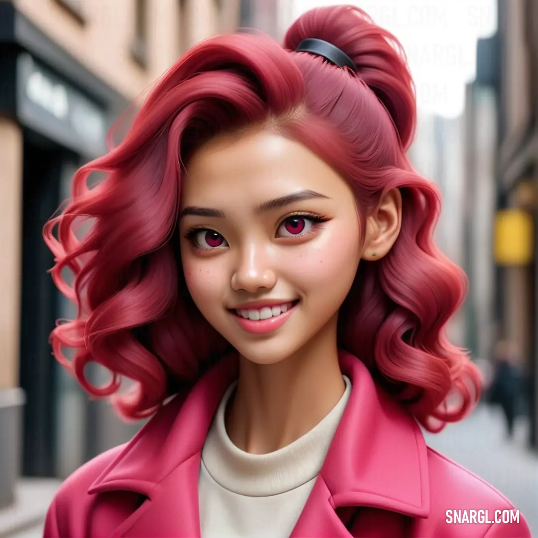 Digital painting of a woman with red hair and a pink coat on a city street with buildings in the background. Example of Amaranth color.
