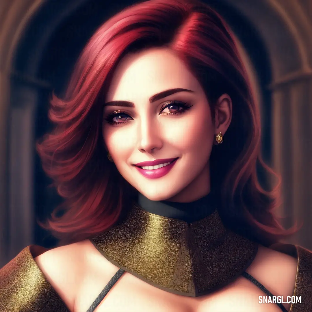 Digital painting of a woman with red hair and a choker on her neck and a gold dress