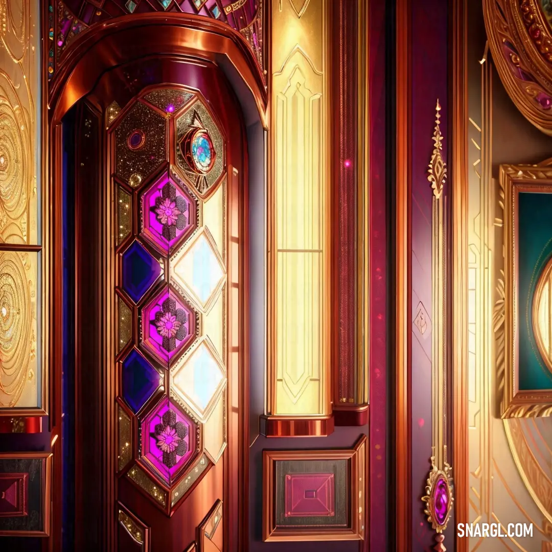 Door with a clock on it in a room with gold and purple walls