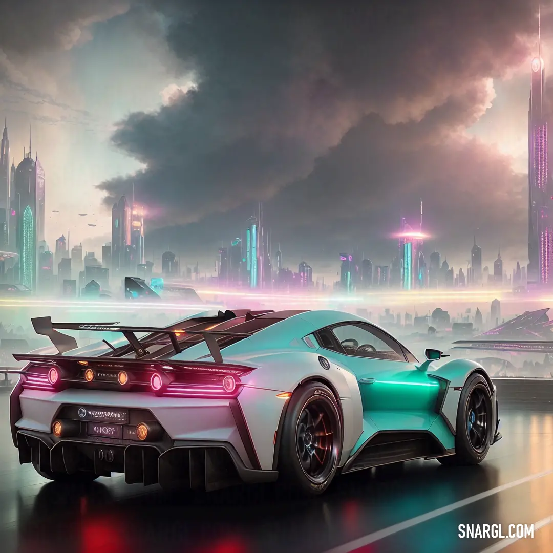Futuristic car driving on a wet road in front of a city skyline with skyscrapers and lights on