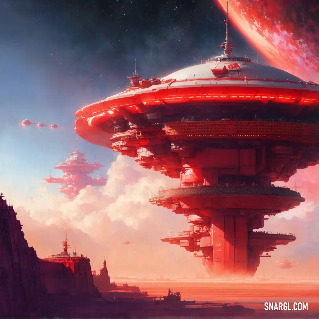 Futuristic city with a red light on top of it and a red light on the top of it. Example of Amaranth color.