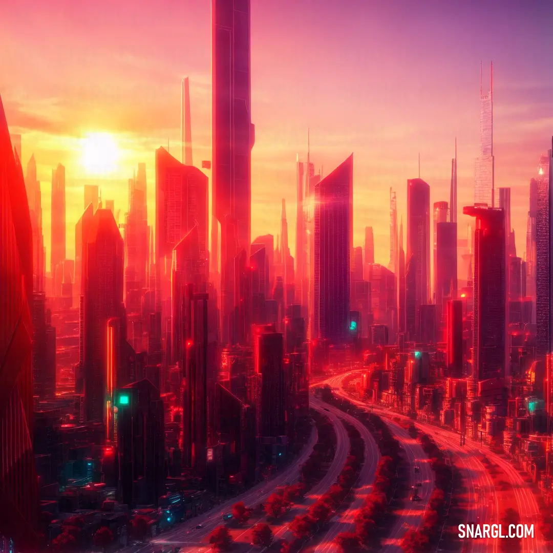 Futuristic city with a train on the tracks at sunset or sunrise time. Color CMYK 0,81,65,10.