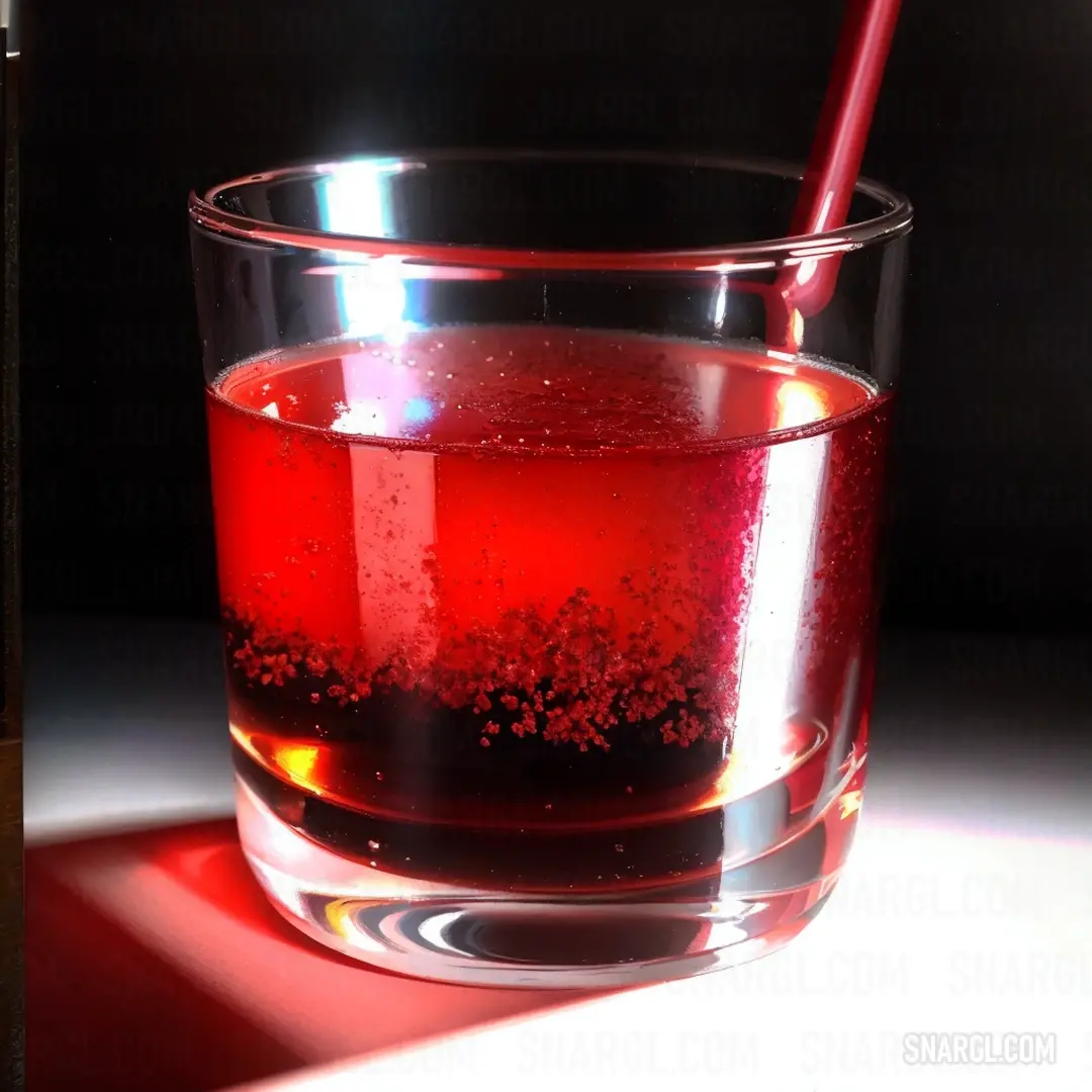 Glass of liquid with a straw in it on a table with a shadow of a light coming from the window. Color #E52B50.