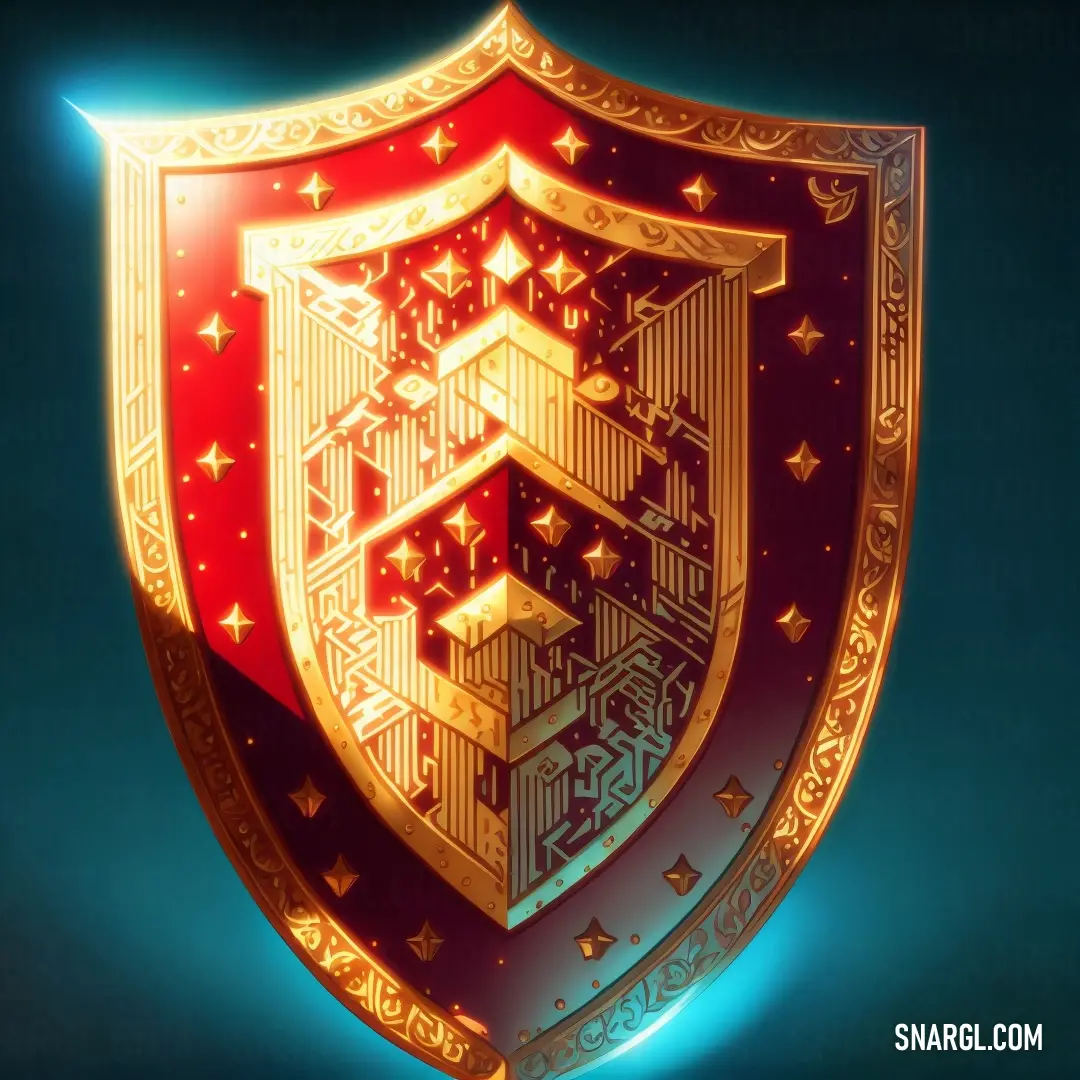 Golden shield with a red and blue background and stars on it