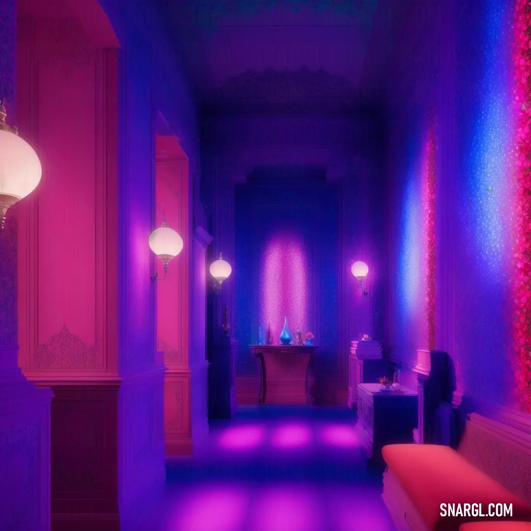 Hallway with a purple light and a red couch in the middle of it