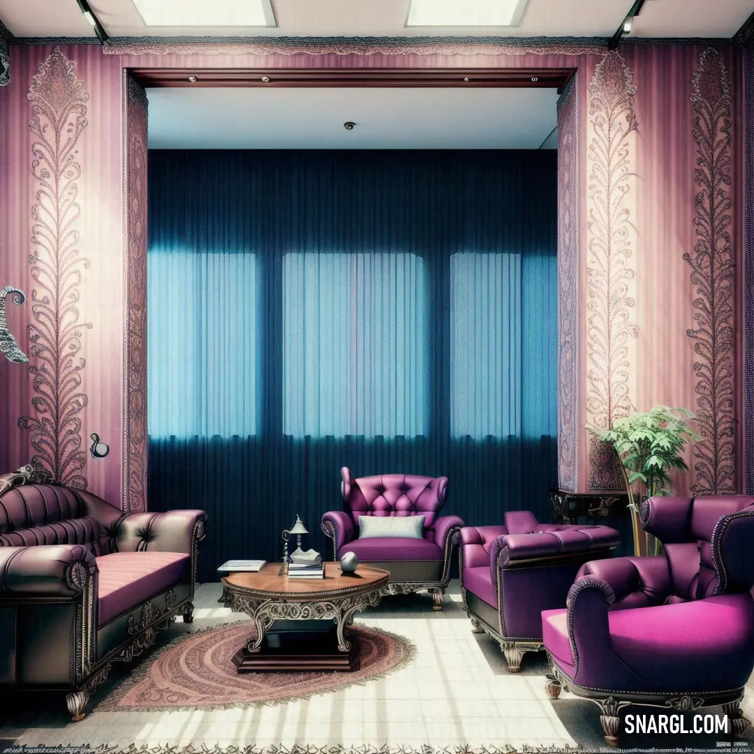 Living room with purple furniture and curtains on the windowsills and a rug on the floor and a table with a vase
