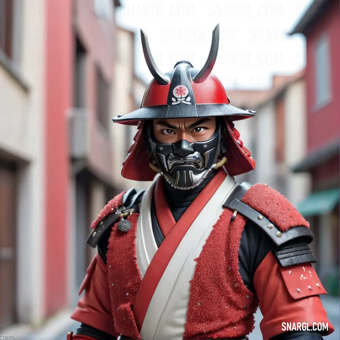 Man in a red and black costume and helmet with horns on his head and a red and white shirt