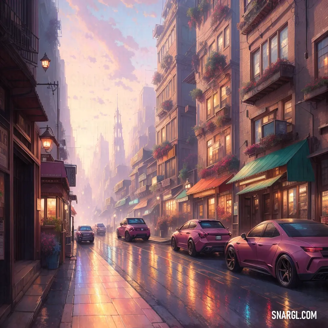 Painting of a city street with cars parked on the side of the street at night time