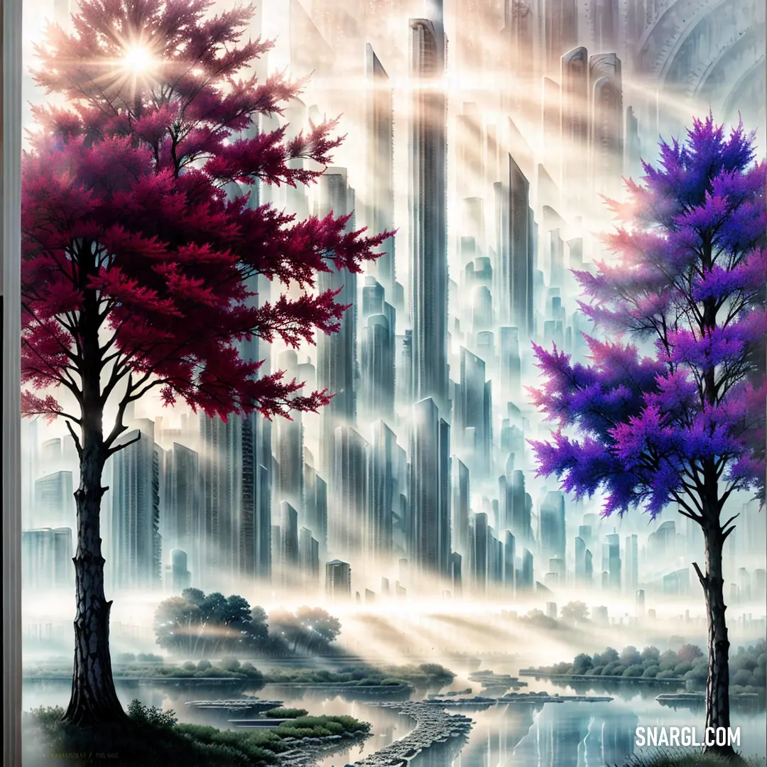 Painting of a city with trees and a river in front of it with a sun shining through the sky