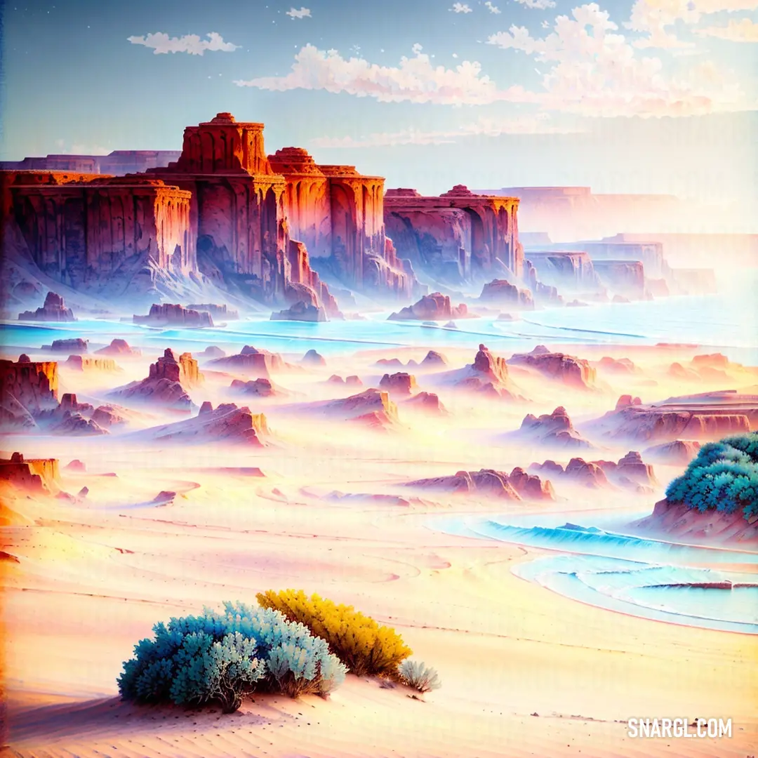 Painting of a desert with a mountain in the background and a blue sky with clouds above it and a yellow bush in the foreground