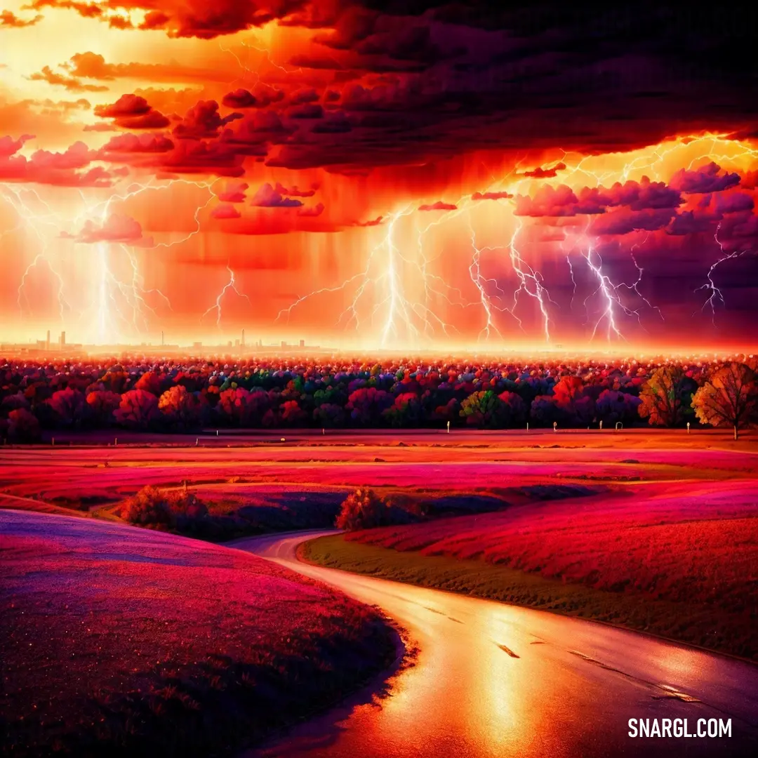 Painting of a sunset with a river and lightning in the sky above it and a river running through it