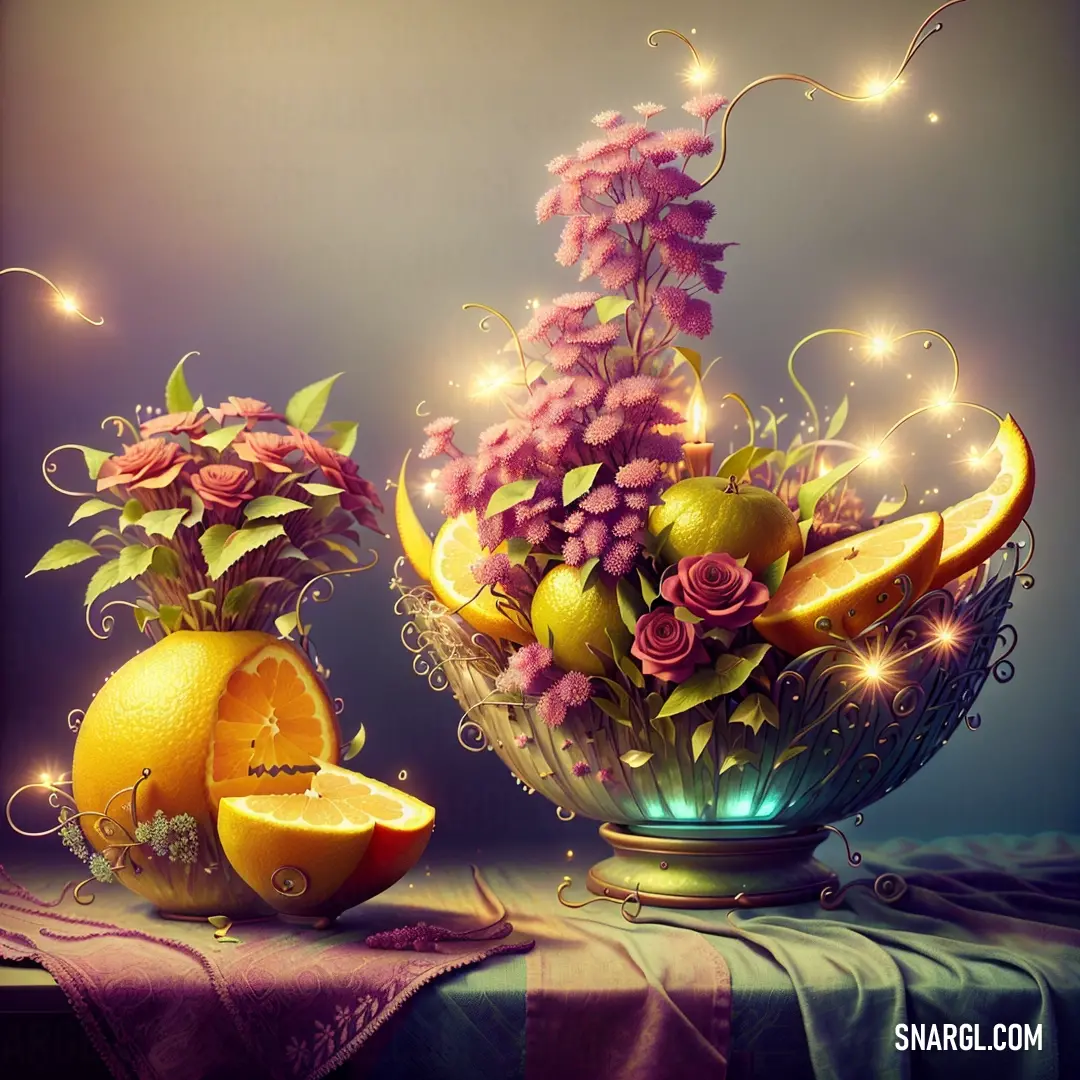 Painting of a vase with flowers and fruit in it and a bowl of oranges and a grapefruit