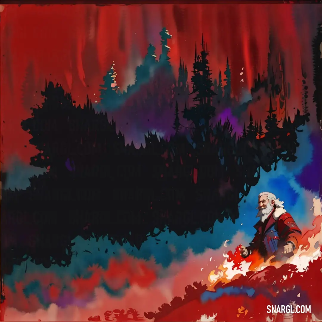 Painting of santa claus on a mountain with a red sky and trees in the background