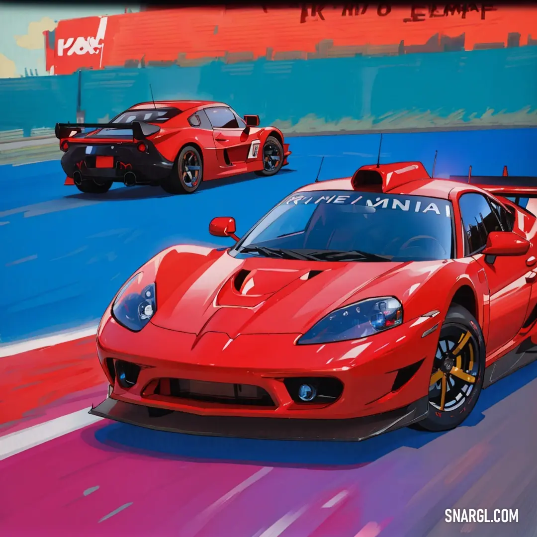 Painting of two red sports cars driving on a track with a red background and a red sign that says pennsylvania