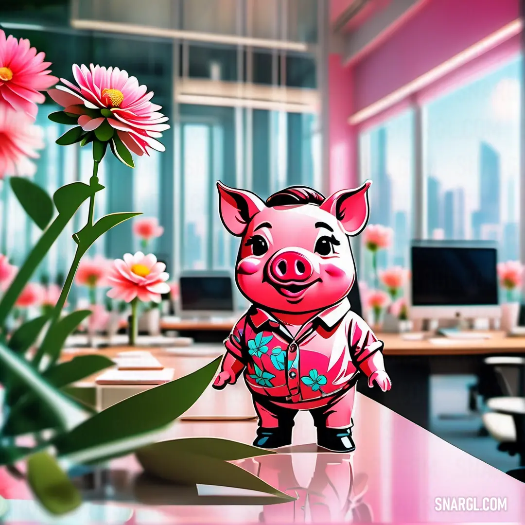 Pig is standing next to a flower in a room with a computer desk and a computer monitor on it. Example of CMYK 0,81,65,10 color.