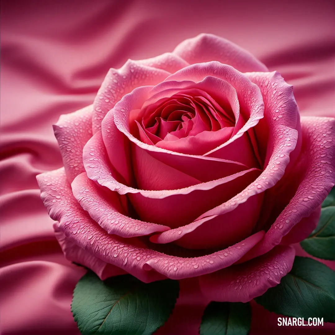Pink rose with water droplets on it's petals and leaves on a pink background with a green leaf. Color RGB 229,43,80.