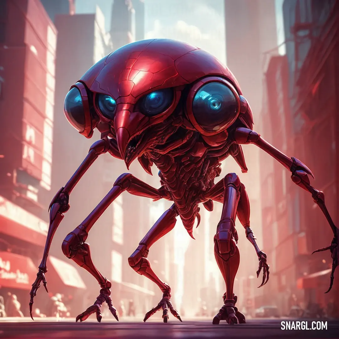 Amaranth color example: Red alien standing in a city with a red background and a red light behind it