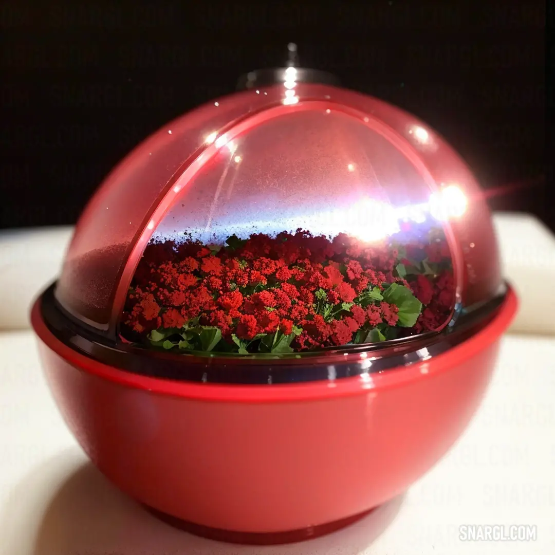 Red bowl with a plant inside of it on a table top with a black background and a white table. Color CMYK 0,81,65,10.