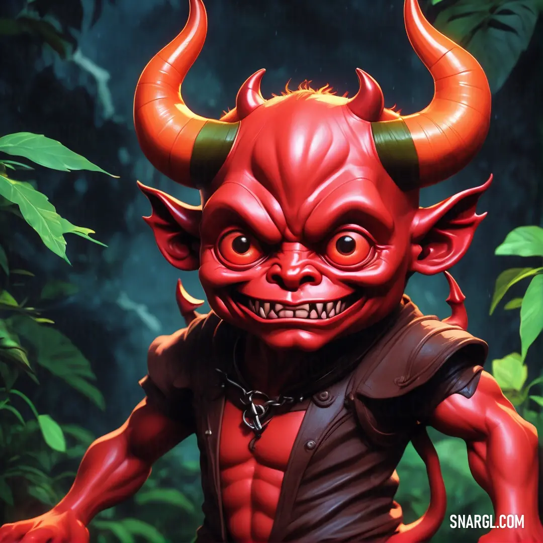 Red demon with horns and a leather outfit on in the jungle with green leaves and bushes behind him. Example of #E52B50 color.