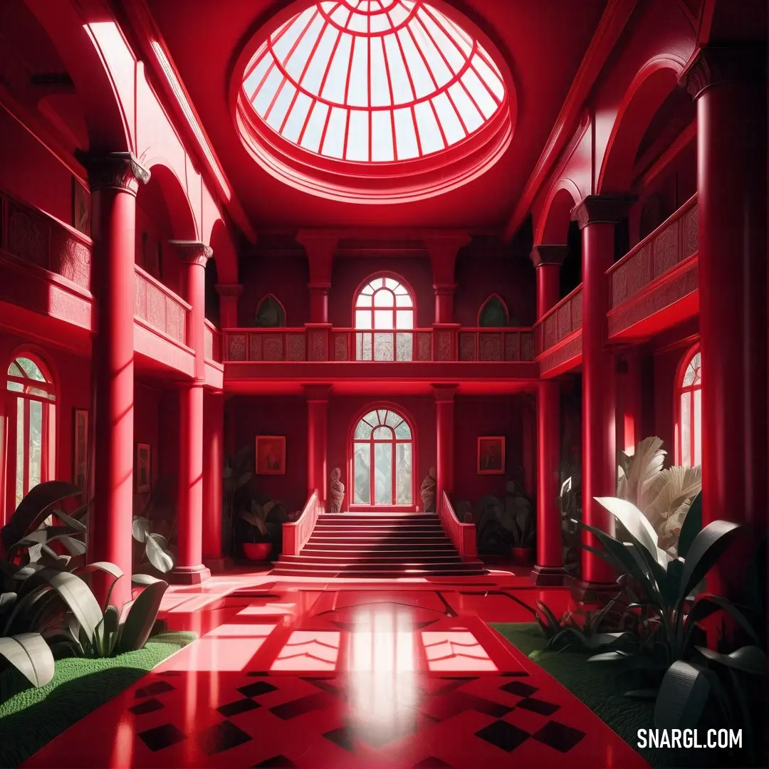 Red room with a large staircase and a large window above it and a red carpet on the floor