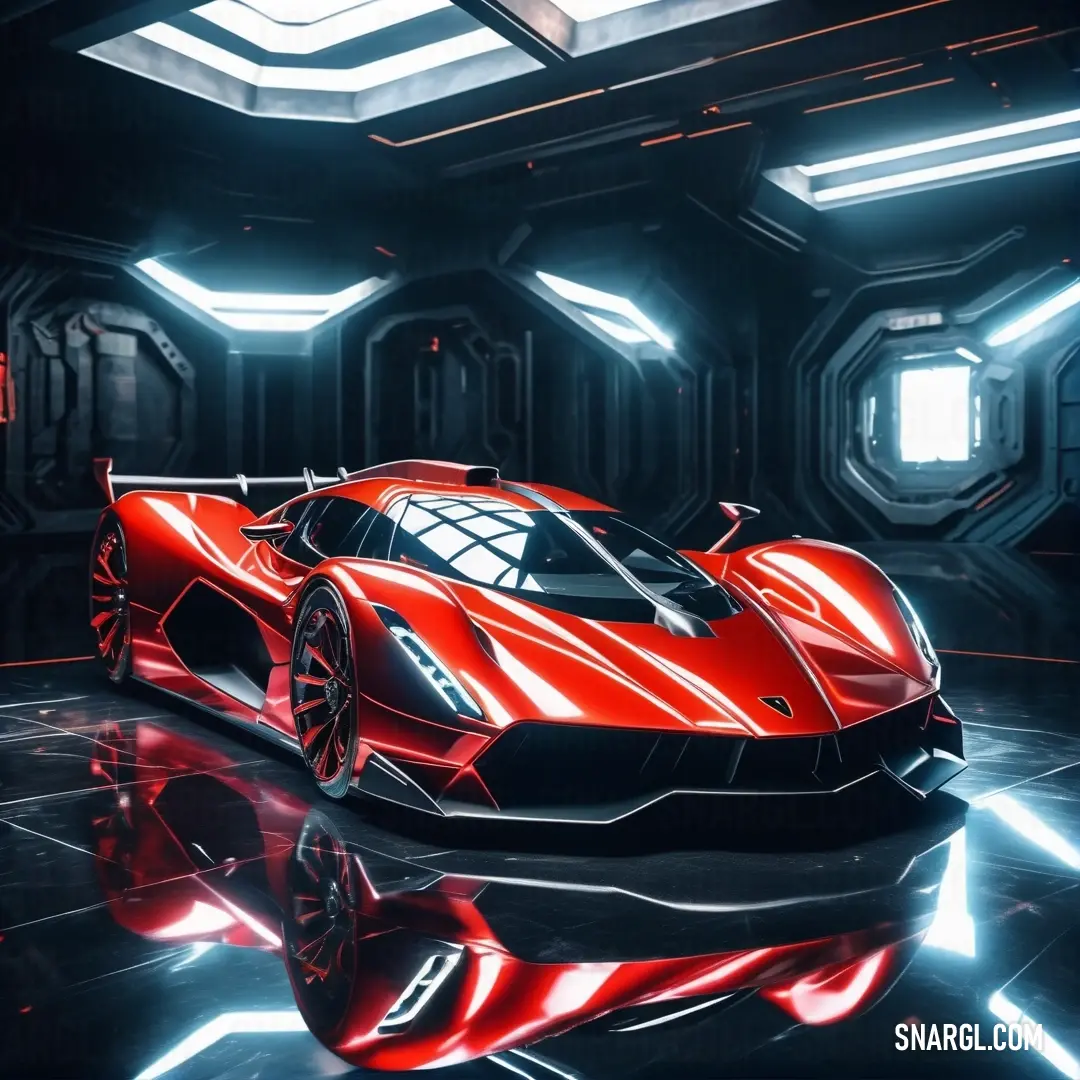 Red sports car in a futuristic setting with bright lights on the ceiling and a black floor with a red and white stripe