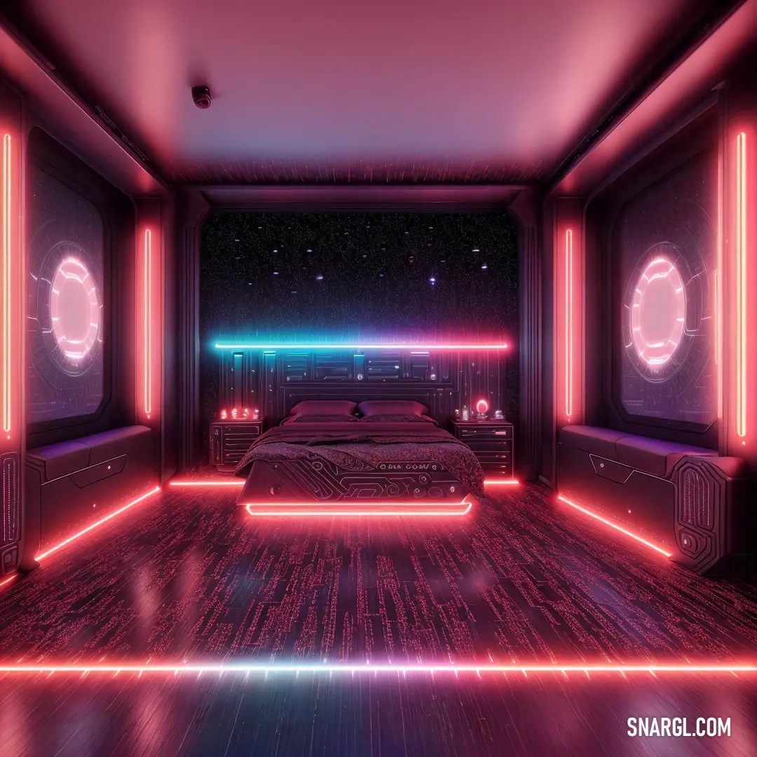 Room with a bed and neon lights in it and a tv in the corner of the room with a window