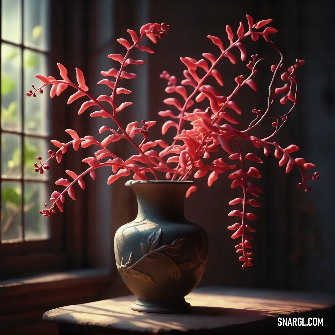 Vase with red flowers in it on a table next to a window sill with a window behind it. Color RGB 229,43,80.