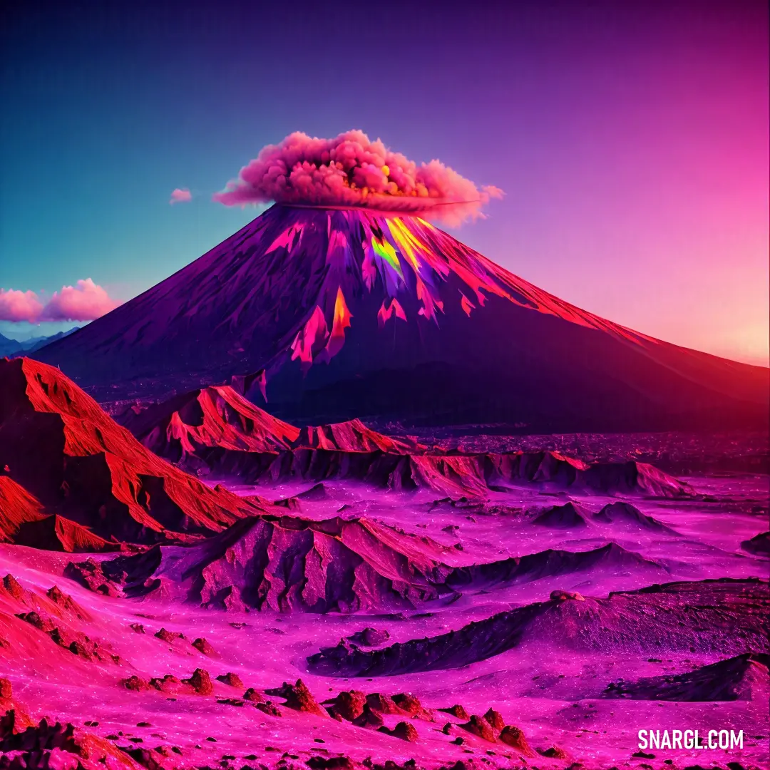 Volcano with a pink sky and clouds in the background is shown in this image of a desert landscape. Example of #E52B50 color.