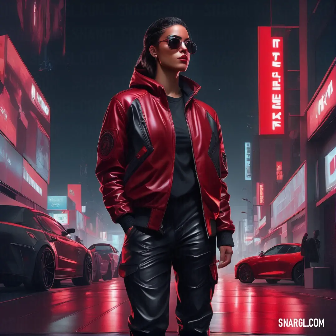 Woman in a red leather jacket and sunglasses standing in a city at night with a red neon sign. Example of Amaranth color.