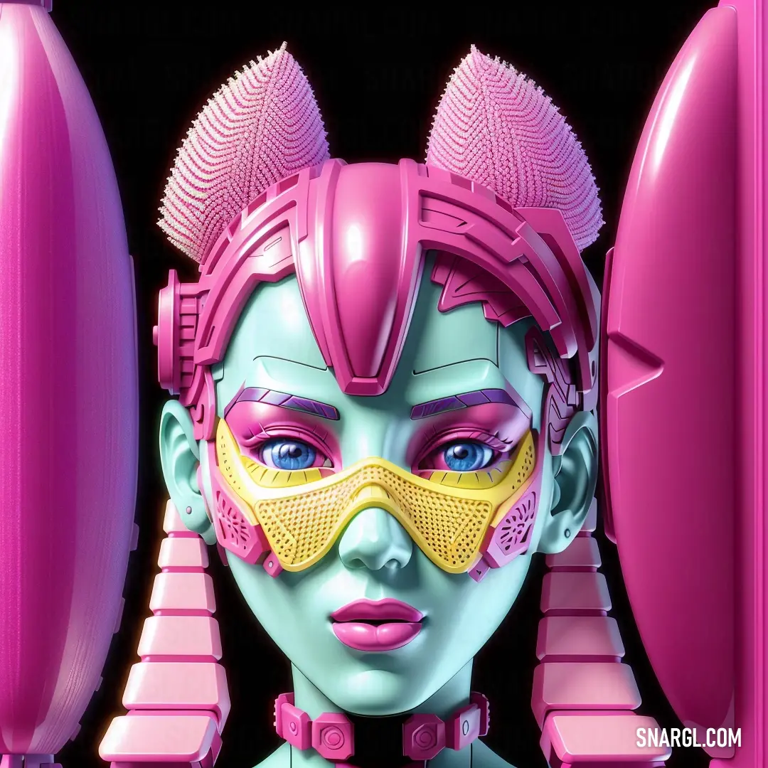 Woman with a pink mask and pink hair and a pink object behind her is a pink object