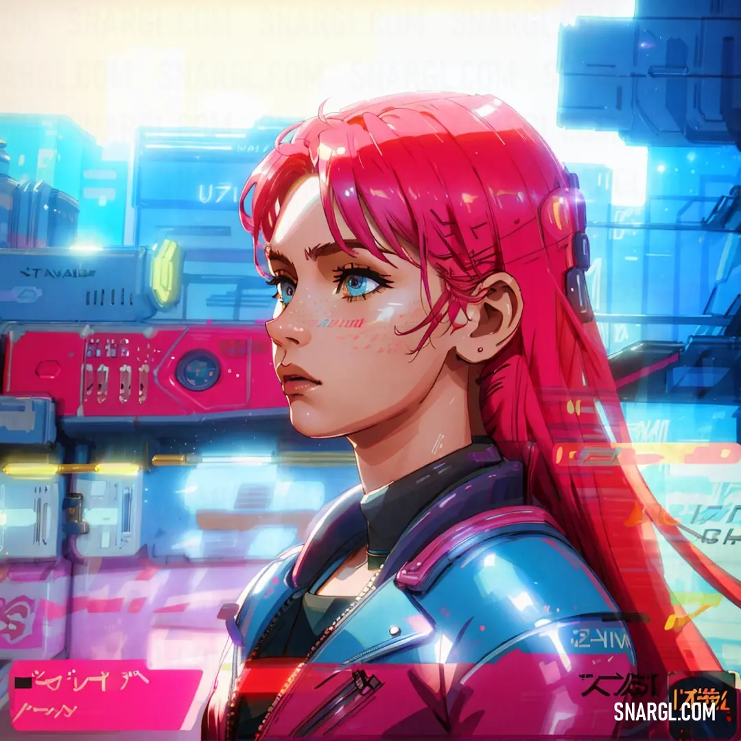 Woman with pink hair and a futuristic suit looks at something in the distance